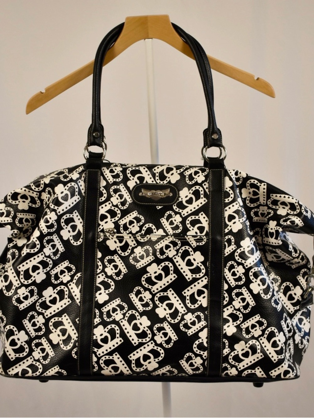 Kathy Van Zeeland Y2K Crown Print Weekender Duffel Travel Bag Black White